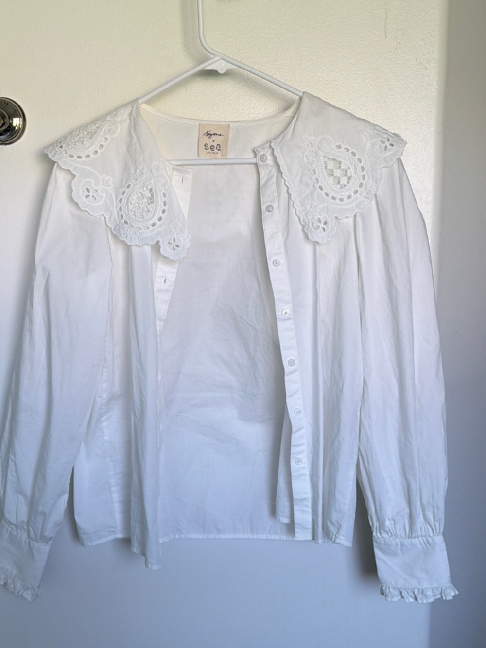Sezane x Sea NY White Eyelet Collar Button-Up Blouse